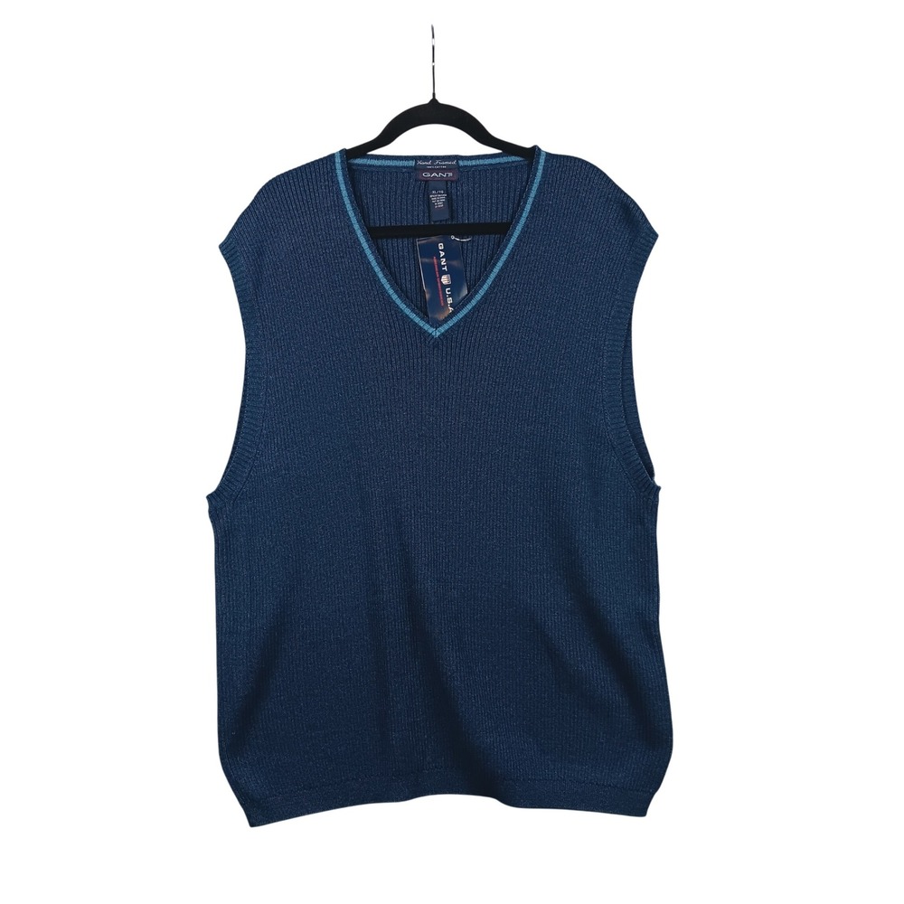 GANT USA Mens V Neck Ribbed Sweater Vest XL Blue 100%‎ Cotton Hand Framed